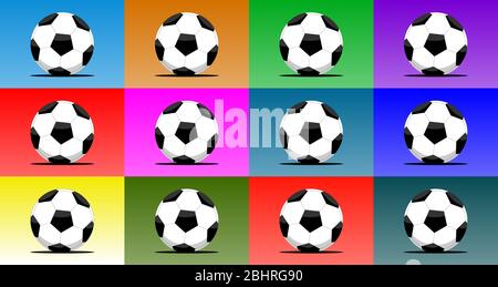 Set of 12 soccer balls isolated on multiple color backgrounds. Vector illustration Stock Vector