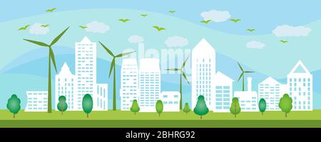 Ecological town concept and environment conservation. Renewable energy with a wind generators. Vector Illustration. Stock Vector