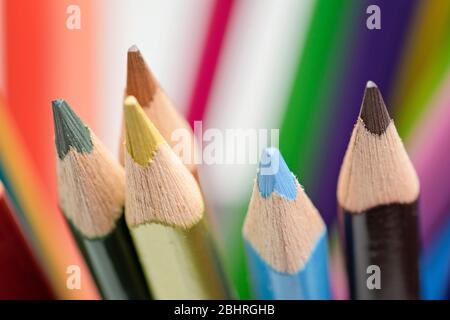 Selective focus on multi colored pencils. Close-up view on bright colored pencils for drawing and art. Creativity concept. Back to school. Stock Photo