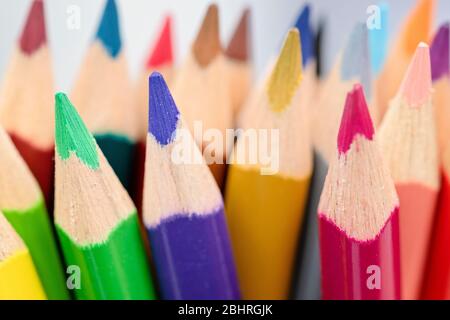 Selective focus on multi colored pencils. Close-up view on bright colored pencils for drawing. Creativity concept. Back to school. Stock Photo