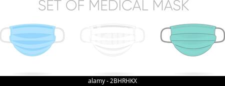 White, Blue, Green Medical or Surgical Face Mask. Virus Protection. Breathing Respirator Mask. Health Care Concept. Vector Illustration eps 10 Stock Vector