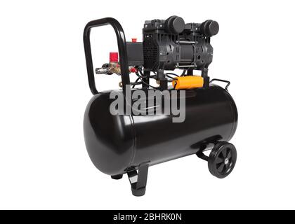 Oil-free portable single-stage air compressor. Black air compressor. Angle view. Isolated on a white background Stock Photo