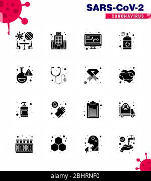 CORONAVIRUS 16 Solid Glyph Black Icon set on the theme of Corona epidemic contains icons such as lab, soap, medical electronics, handcare, bottle vira Stock Vector