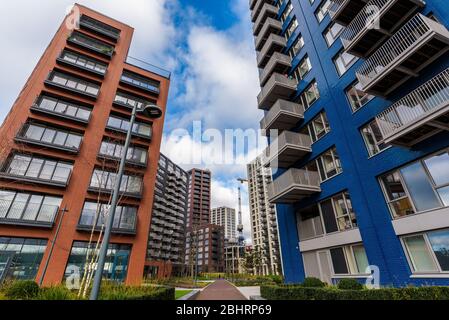 London, England. London City Island by EcoWorld Ballymore a unique riverside development in Canning Town, set against stunning views of Canary Wharf. Stock Photo