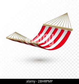 Hammock template. Red and white striped hammock. Camping or picnic relaxation. Tourism or vacation concept. Vector illustration isolated on transparen Stock Vector