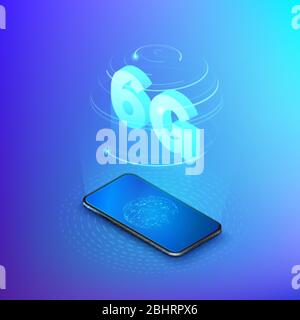6g fast mobile networks. Mobile phone with global network on screen and hologram of wireless networks with isometric text 6G inside. Technology backgr Stock Vector