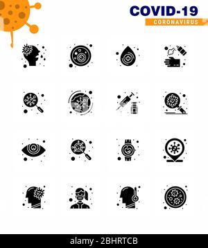 16 Solid Glyph Black viral Virus corona icon pack such as find, wash, blood, soap, cleaning viral coronavirus 2019-nov disease Vector Design Elements Stock Vector