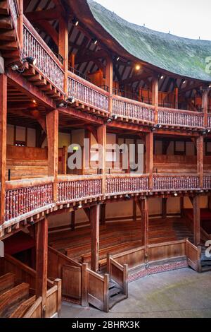 Interior of the Shakespeare Globe Theatre with wooden seating ...