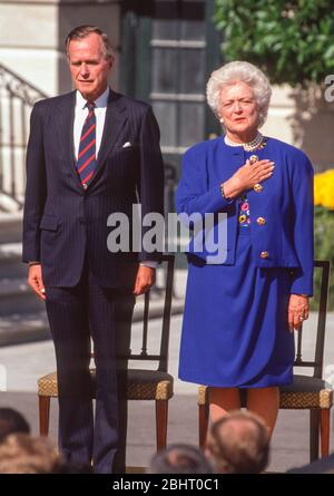 WASHINGTON, DC, USA, OCTOBER 18, 1991: President George Bush and First Lady Barbara Bush, during Supreme Court Judge Clarence Thomas swearing in at White House. Stock Photo