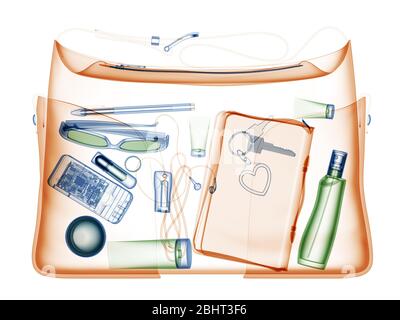 Womans handbag under xray at security control at airport. Colorfull spectrum safety detector x-ray wave concept. Regular baggage check in. Stock Photo