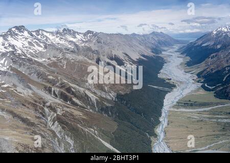 aerial, from a glider, of Ben Oahu mountain range and Dobson river valley, shot in bright spring light from north, Canterbury, South Island, New Zeala Stock Photo