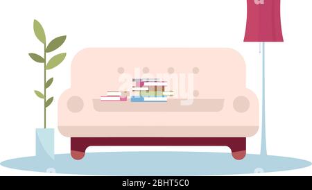 Pink sofa with book pile semi flat RGB color vector illustration Stock Vector