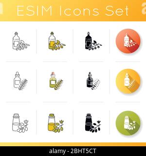Hair oils icons set. Jojoba essence on glass bottle. Hydrolyzed wheat protein. Grape seed extract in package for haircare. Linear, black and RGB color Stock Vector