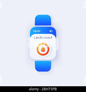 Smart home security smartwatch interface vector template. Internet of things mobile app notification day mode design. Lock now screen. Flat UI for Stock Vector