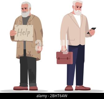 Elderly employment situation semi flat RGB color vector illustration set Stock Vector