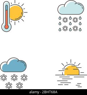 Temperature and precipitation forecast RGB color icons set Stock Vector