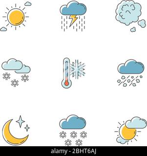Sky clarity and precipitation RGB color icons set Stock Vector