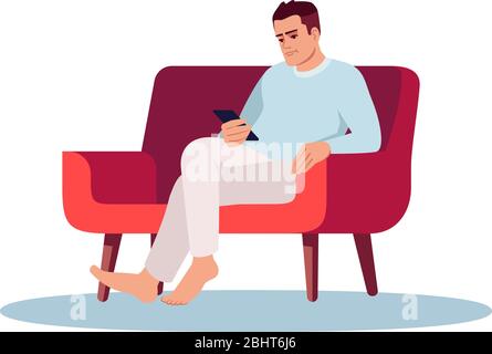 Young man with smartphone semi flat RGB color vector illustration Stock Vector