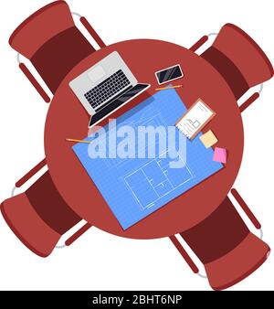 Architect team desk semi flat RGB color vector illustration Stock Vector