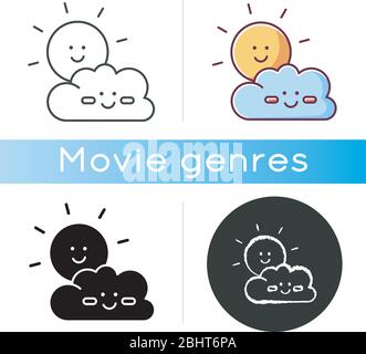 Children cartoons icon. Linear black and RGB color styles. Childish toons, animated movies and TV series. Kid friendly, positive genre. Smiling sun Stock Vector