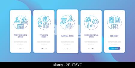 Crysis types onboarding mobile app page screen with concepts. Global disasters, emergency situations walkthrough five steps graphic instructions. UI Stock Vector