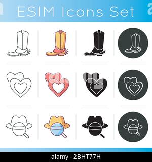 Traditional movie types icons set. Linear, black and RGB color styles. Popular and common film categories. Romantic movies, detective mysteries and Stock Vector