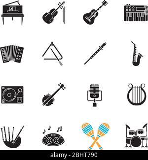 Orchestral instrument black glyph icons set on white space Stock Vector