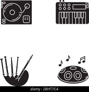 Musical instruments black glyph icons set on white space Stock Vector