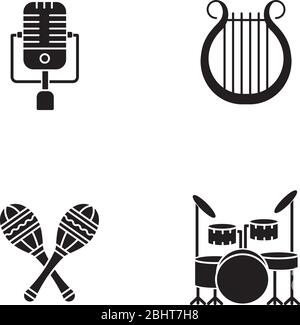 Band musical instruments black glyph icons set on white space Stock Vector