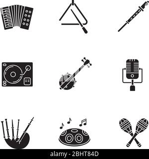 Band musical instruments black glyph icons set on white space Stock Vector