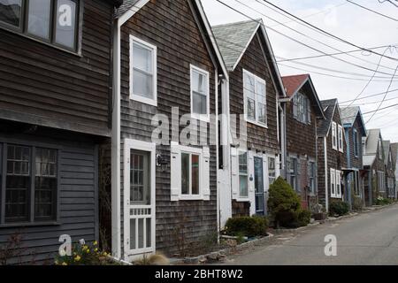 On a side street in downtown Rockport. High traffic area in summer. Lots of summer crowds here. Surrounded by coves, bays, beaches Rockport is pretty! Stock Photo