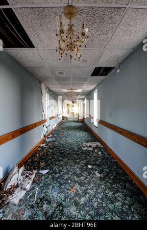 Hallway with Chandeliers and Carpeting in an Abandoned Hospital Stock Photo