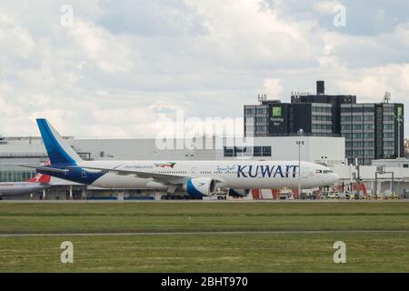 Glasgow, UK. 27th Apr, 2020. Pictured: A Kuwait Airways Boeing 777-300 Aircraft seen which has just landed at Glasgow Airport around 11.40am today during the Coronavirus (COVID19) extended lockdown. Kuwait Airways is completing the second phase of repatriation flights for Kuwait Nationals stranded overseas due to the Coronavirus outbreak. Glasgow Airport does not presently have any scheduled flights to or from Kuwait which is why this aircraft seen at Glasgow is very interesting. Stock Photo