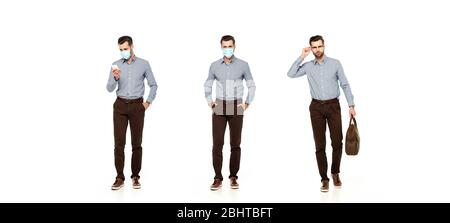 collage of businessman in medical mask holding bag, standing with hands in pockets and using smartphone isolated on white Stock Photo