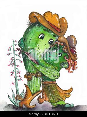 Cactus hug watercolor drawing. Cute cartoon cactus couple in love, funny Valentines day illustration. Stock Photo