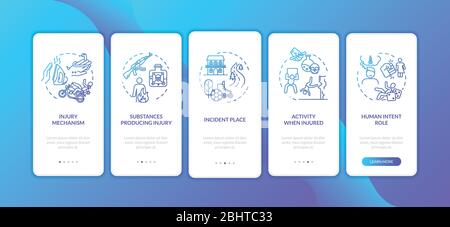 Injury mechanism, factors onboarding mobile app page screen with concepts. Trauma main causes walkthrough 5 steps graphic instructions. UI vector Stock Vector
