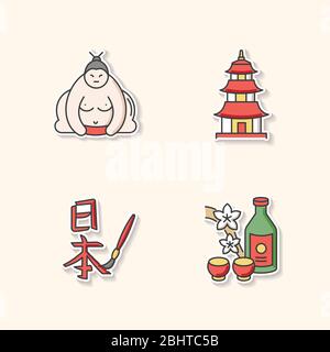 Japan printable patches. Sumo fighter. Shintoism temple. Asian calligraphy. Sake, alcohol drink. Traditional japanese attributes RGB color stickers Stock Vector