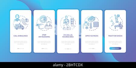 Traumatism first aid onboarding mobile app page screen with concepts. Injury therapy types walkthrough 5 steps graphic instructions. UI vector Stock Vector