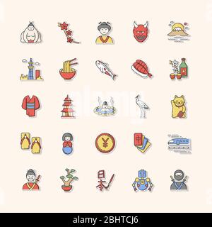 Japan printable patches. Koi carp. Ramen and sushi. Sake drink. Ninja and samurai. Asian souvenirs. Traditional japanese symbols RGB color stickers Stock Vector