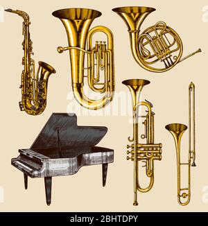 Jazz classical wind instruments set. Musical Trombone Trumpet Flute French horn Saxophone. Hand drawn monochrome engraved vintage sketch. Stock Vector