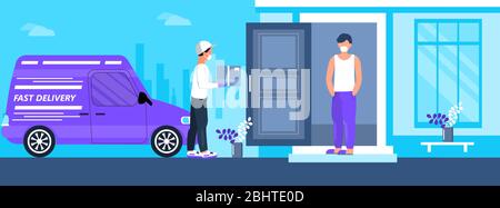Safe delivery service door to door. Contactless delivery during corona-virus epidemic. Man is carrying box. Courier is wearing a medical mask and Stock Vector