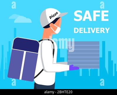 Pizza delivery service door to door. Contactless delivery during corona-virus epidemic. Man is carrying boxes with fast food. Pizza courier is wearing Stock Vector