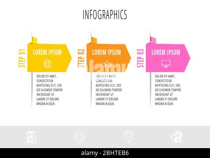 Infographics with 3 elements and arrows. Vector concept of three business options to choose from. Modern design for flowchart, timeline, web, graph Stock Vector