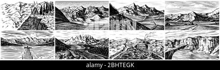 Mountain landscape backgrounds set. Alpine peaks and Traveler with a tent. Vintage Mount. Travel concept. Hand drawn engraved sketch for outdoor Stock Vector