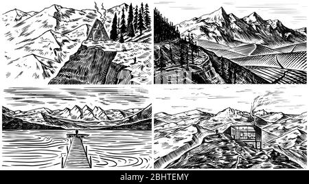 Mountain landscape backgrounds set. Alpine peaks and Traveler with a tent. Vintage Mount. Travel concept. Hand drawn engraved sketch for outdoor Stock Vector