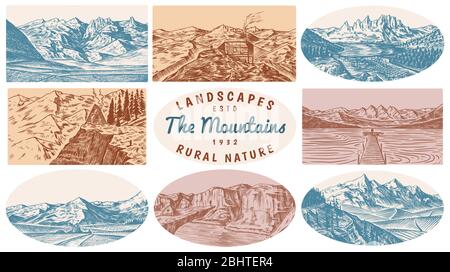 Mountain landscape backgrounds set. Alpine peaks and Traveler with a tent. Vintage Mount. Travel concept. Hand drawn engraved sketch for outdoor Stock Vector