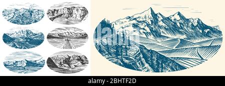 Mountain landscape backgrounds set. Alpine peaks and Traveler with a tent. Vintage Mount. Travel concept. Hand drawn engraved sketch for outdoor Stock Vector