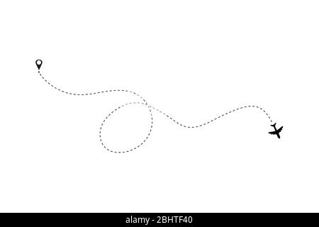 Airplane line path vector icon of air plane flight route with start point and dash line trace Stock Vector