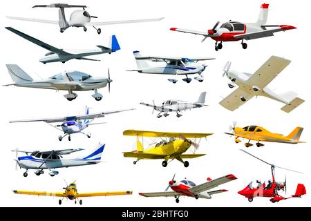 Collage of different modern airplanes isolated on white background Stock Photo
