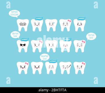 Cute tooth emoji icon set with speach bubbles isolated on blue background. Stock Vector